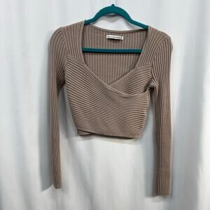 Abercrombie & Fitch Faux Wrap Cropped Ribbed Sweater Beige Tan Small